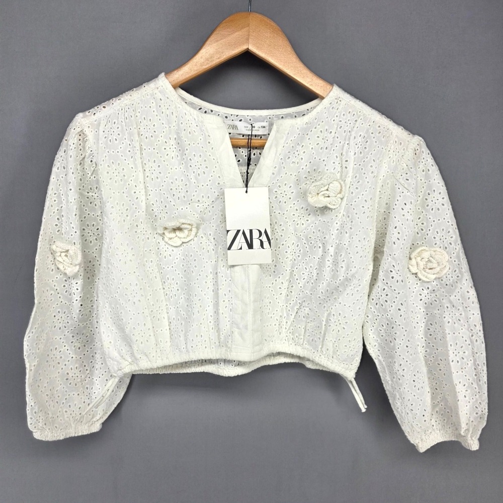Zara Blouse Girls 9 White Eyelet Lace 3D Floral Crochet Cropped Puff Sleeve Top
